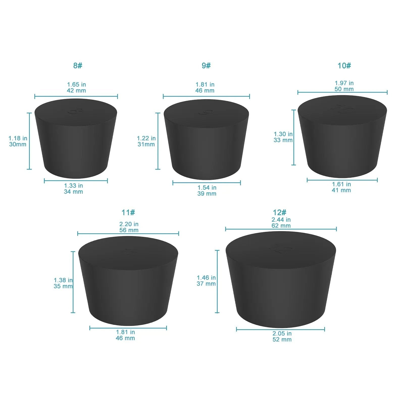 Black Rubber Stoppers, Solid, Size #000 - #12