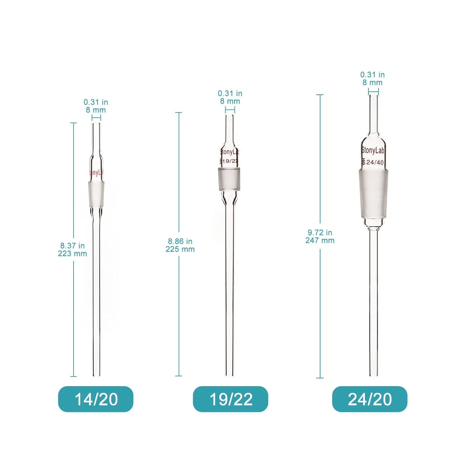 Close-up view showing the precise design and material of StonyLab Borosilicate Glass Inlet Adapter with Extended Lower 8 mm Drip Tube