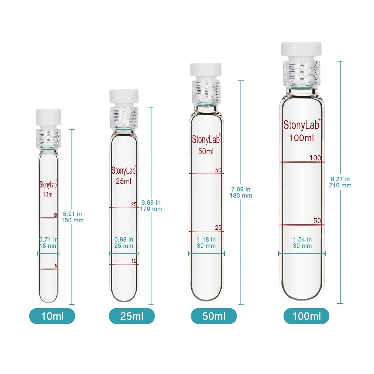 Borosilicate Glass Reusable Graduated Test Tubes with PTFE Screw Cap Tube-Test
