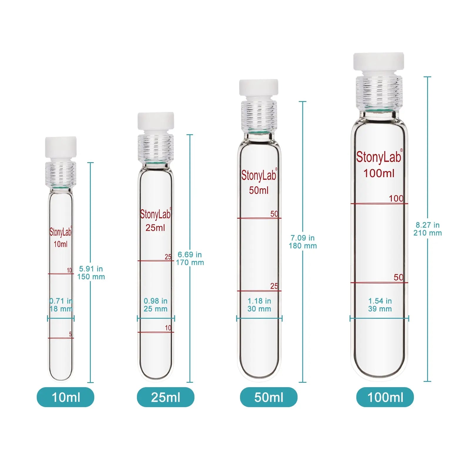 Borosilicate Glass Reusable Graduated Test Tubes with PTFE Screw Cap Tube-Test