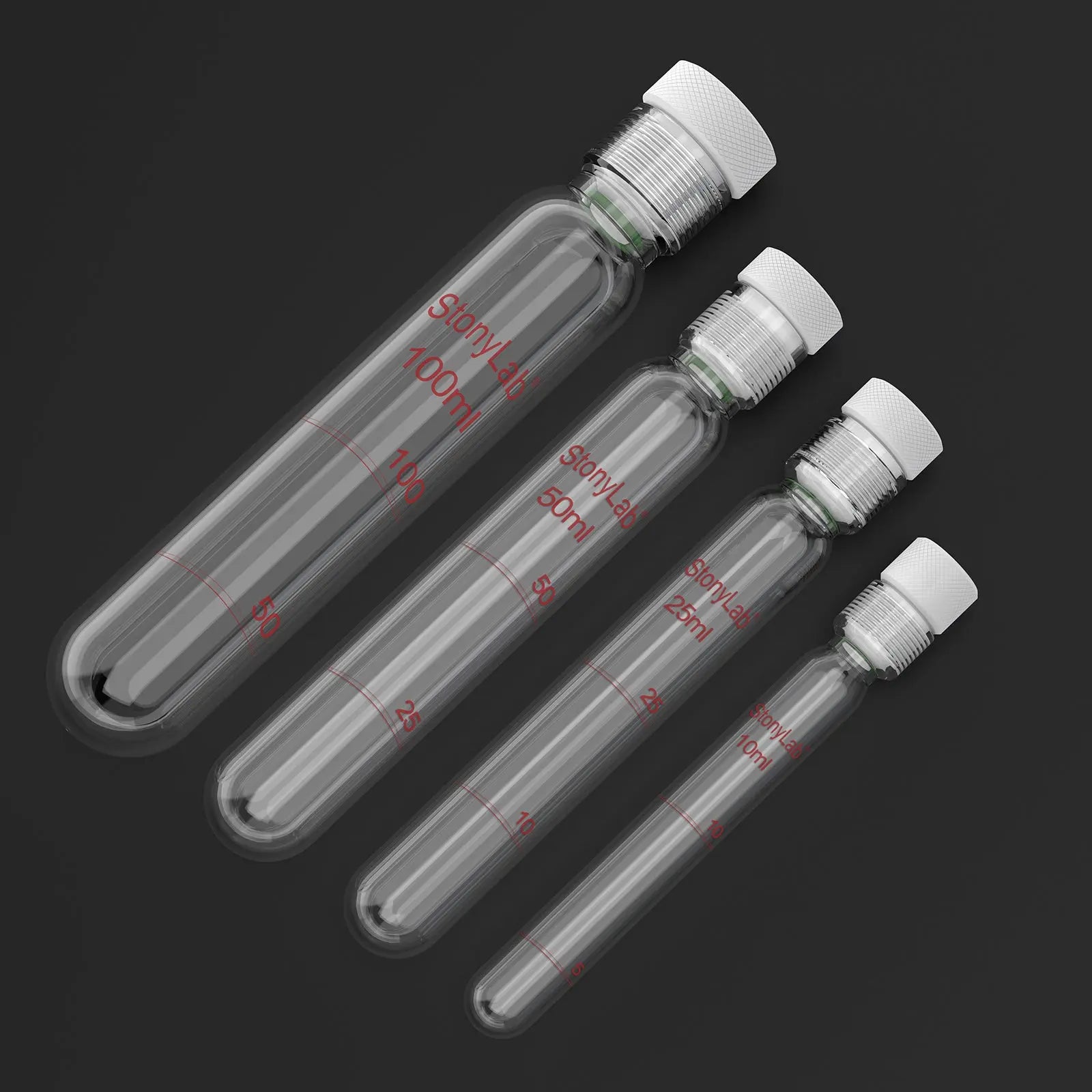Alternative angle showing underlying build quality of StonyLab Borosilicate Glass Reusable Graduated Test Tubes with PTFE Screw Cap