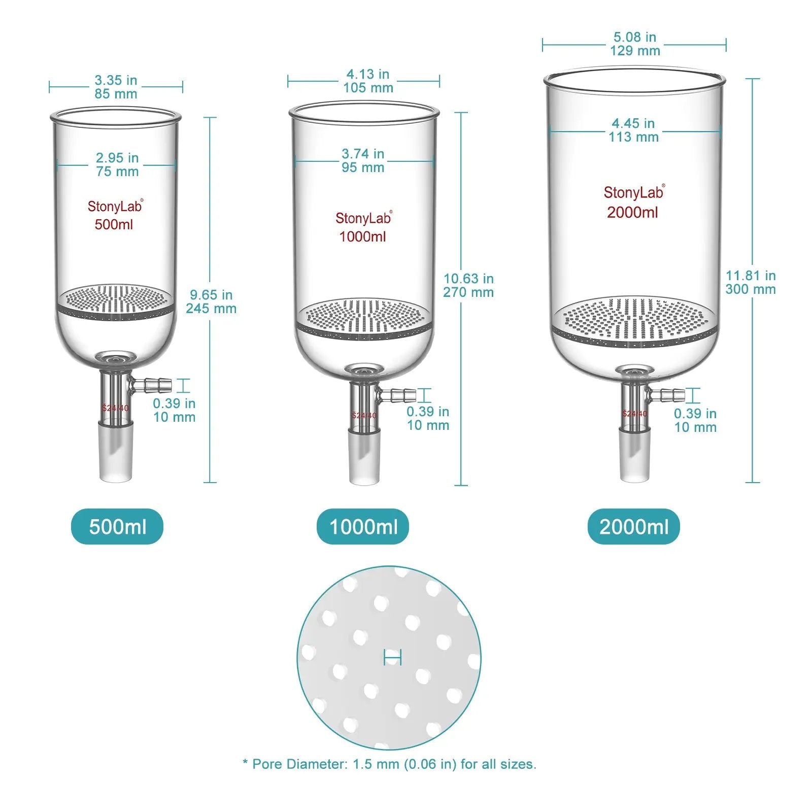 Buchner Filtering Funnel, 1.5 mm Pore Plate, 500-2000 ml, 24/40 Male Joint and Vacuum Port Funnels-Buchner