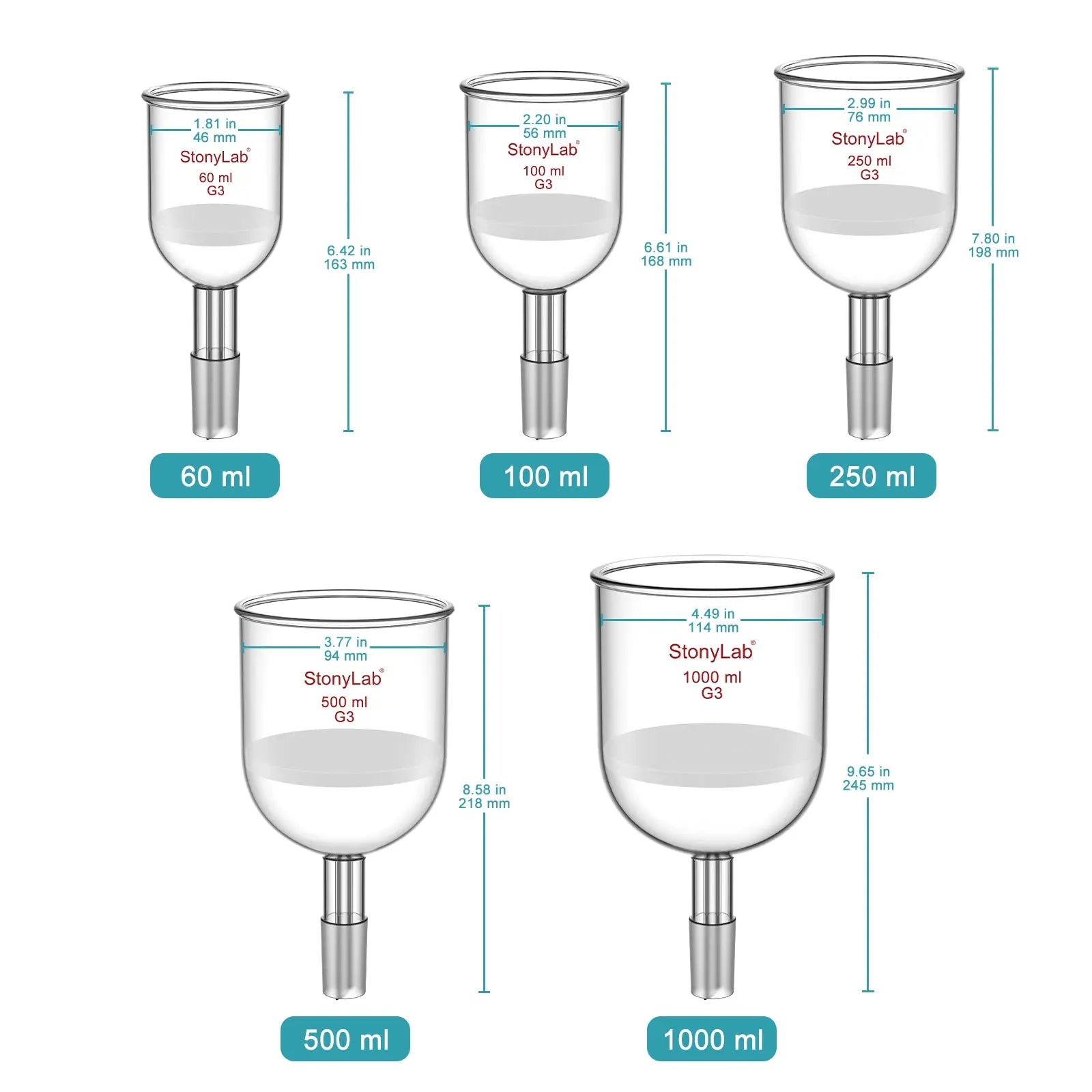 Buchner Filtration Funnel, Fine Frit (15~40 μm), 60-1000 ml, 24/40 Male Joint Funnels-Buchner