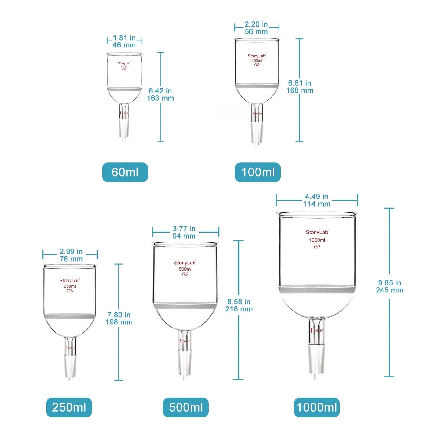 Buchner Filtration Funnel, Fine Frit (15~40μm), 60-1000ml, 24/40 Male Joint Funnels-Buchner