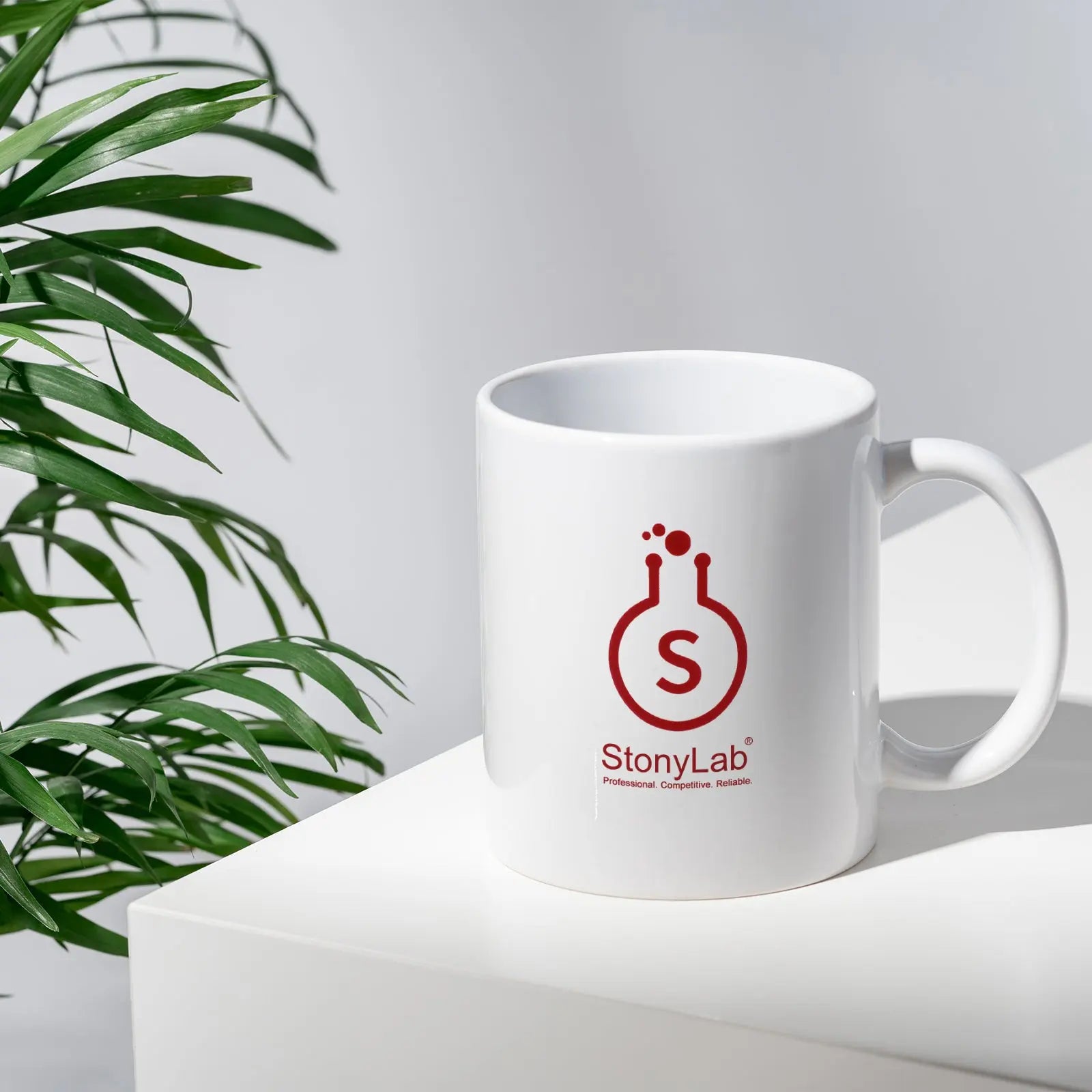 Side view and dimensional layout of the durable StonyLab Ceramic Drinking Mug with Periodic Table Print
