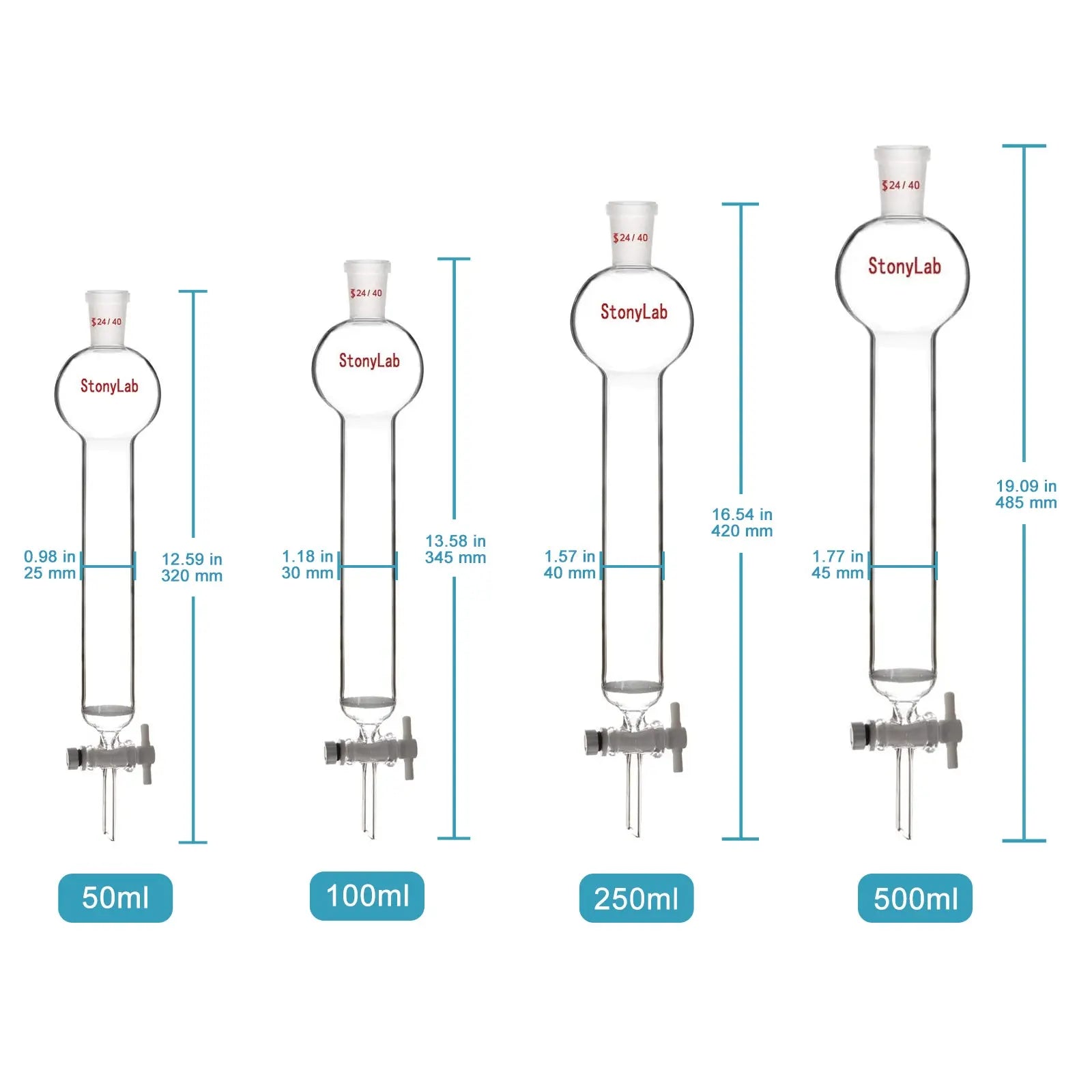 Chromatography Column with Reservoir, 50-500 ml, Medium Frit(40-80 mm), 24/40 Joint Chromatography-Column