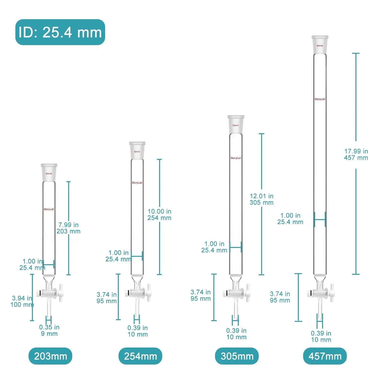 Chromatography Column, ID13-38 mm, 203-457 mm Effective Length, Medium Frit(40-80 μm), 24/40 Joint Chromatography-Column