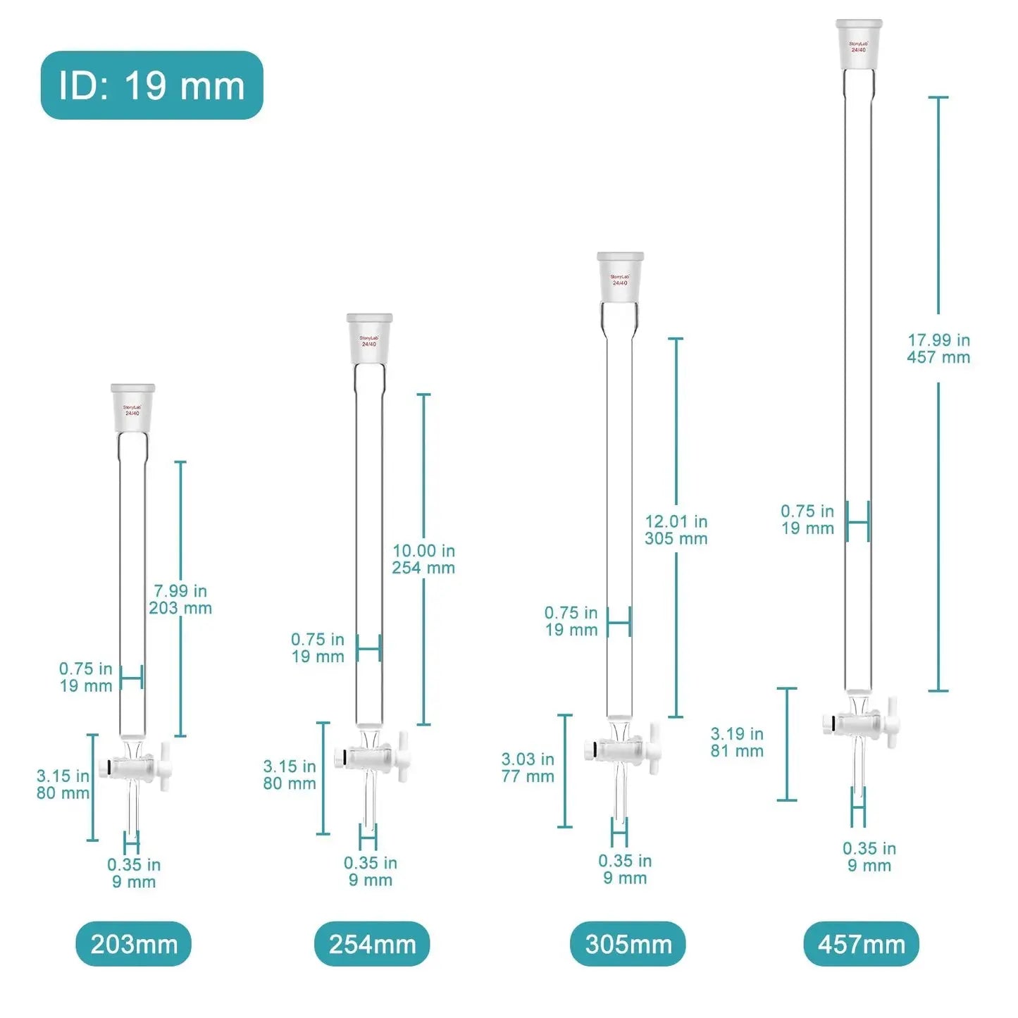 Chromatography Column, ID13-38 mm, 203-457 mm Effective Length, Medium Frit (40-80 um), 24/40 Joint Chromatography-Column