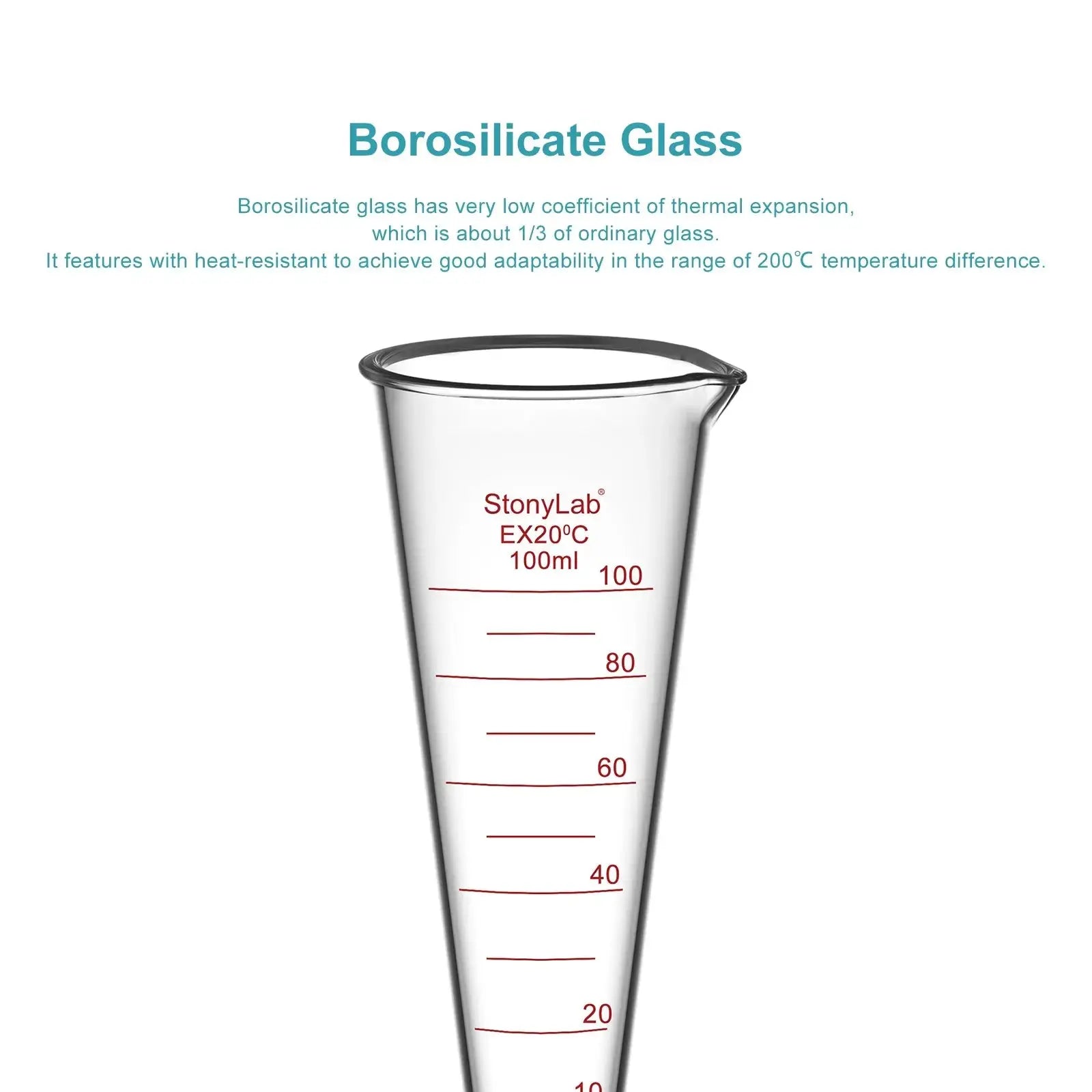 Side view and dimensional layout of the durable StonyLab Conical Graduated Cylinder