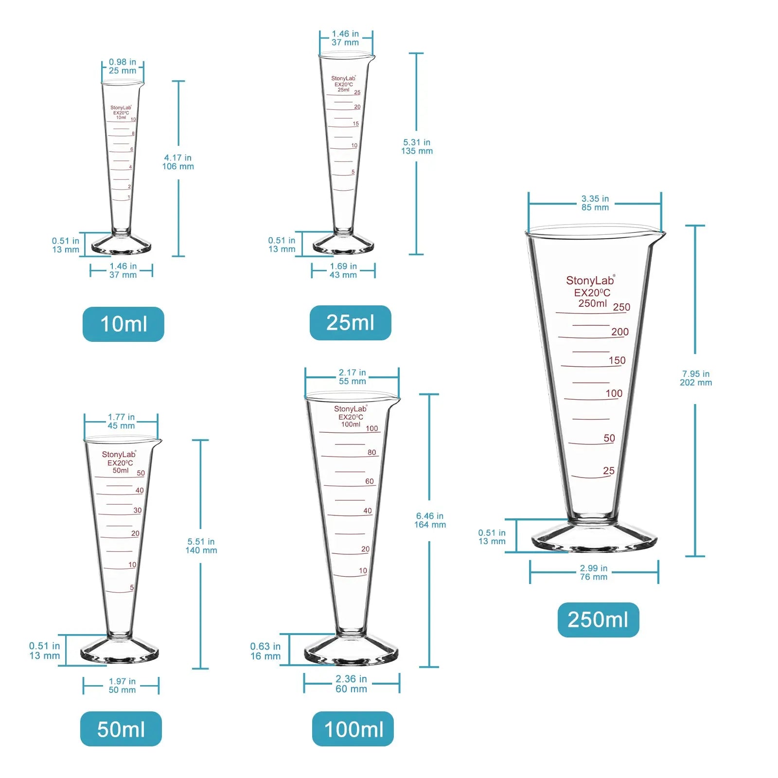 Conical Measuring Cylinder, 10-250 ml Cylinders