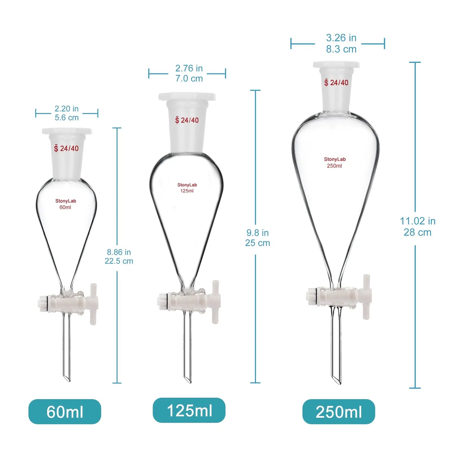 Conical Separatory Funnel with 24/40 Joints and PTFE Stopcock, 60-5000 ml Funnels-Separatory