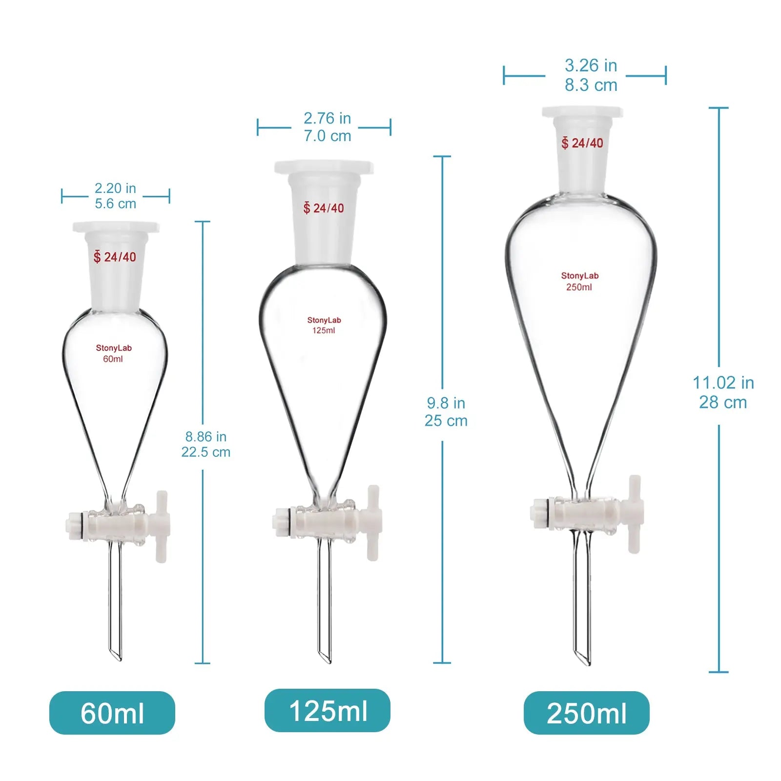 Conical Separatory Funnel with 24/40 Joints and PTFE Stopcock, 60-5000 ml Funnels-Separatory