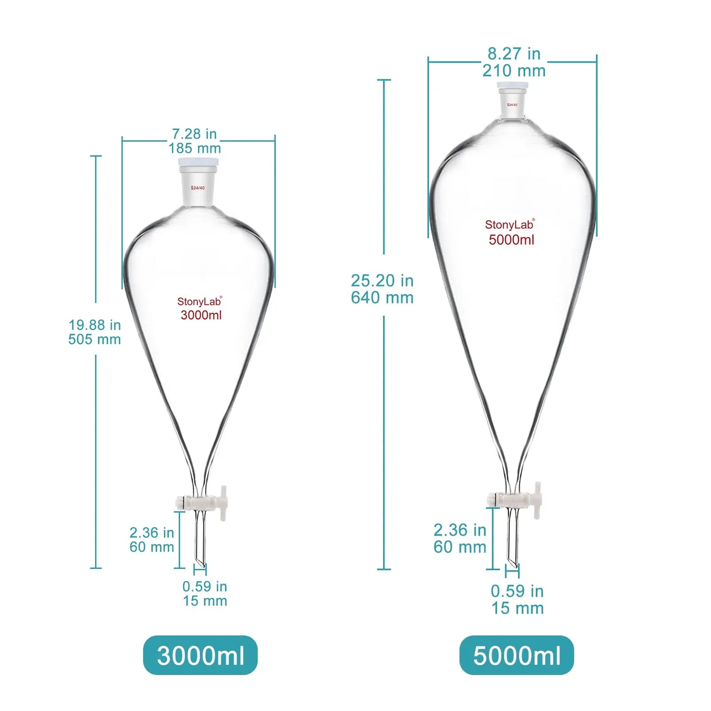 Conical Separatory Funnel with 24/40 Joints and PTFE Stopcock, 60-5000 ml Funnels-Separatory