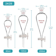 Side view and dimensional layout of the durable StonyLab Conical Separatory Funnel with Plastic Stopper and PTFE Stopcock