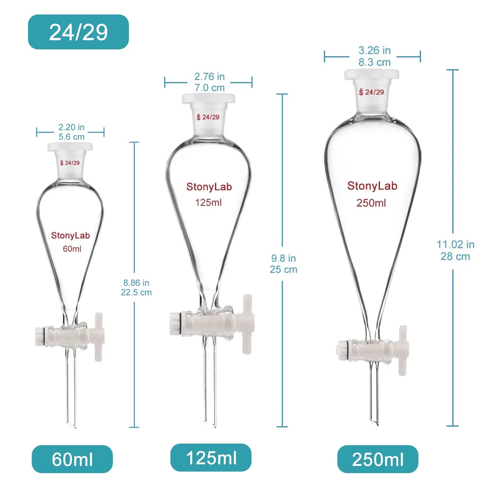Side view and dimensional layout of the durable StonyLab Conical Separatory Funnel with Plastic Stopper and PTFE Stopcock
