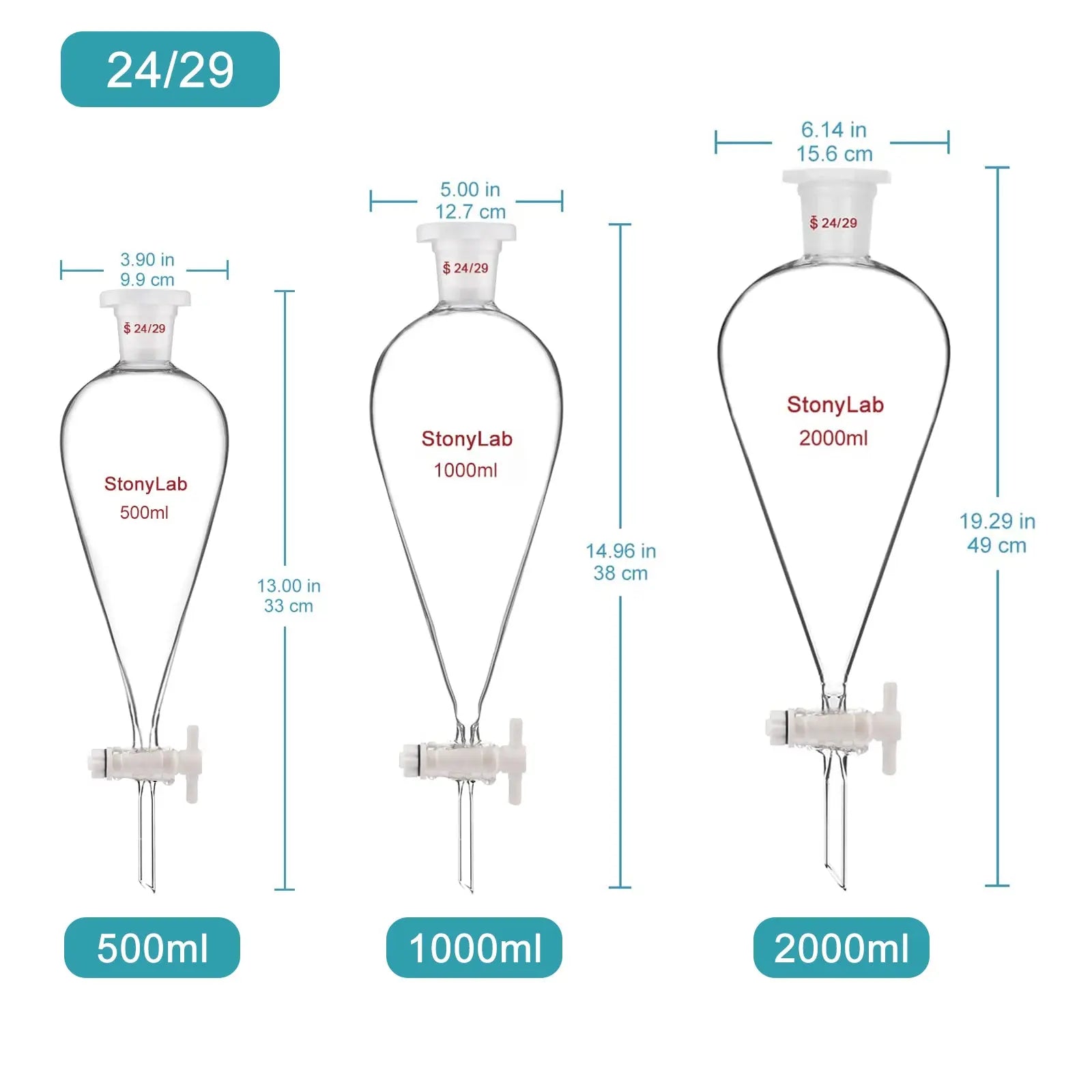 StonyLab Conical Separatory Funnel with Plastic Stopper and PTFE Stopcock heavy duty chemical processing configuration