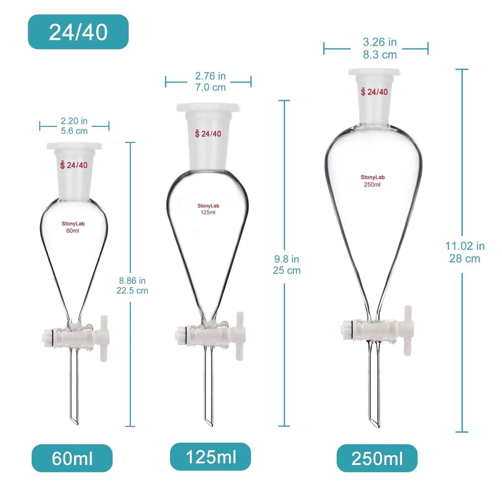 Alternative angle showing underlying build quality of StonyLab Conical Separatory Funnel with Plastic Stopper and PTFE Stopcock