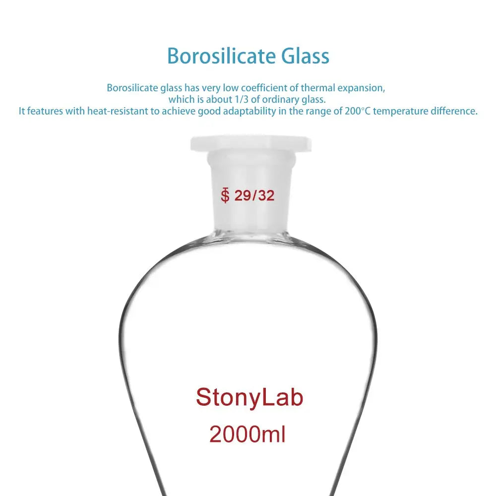 Comprehensive product view and setup components for StonyLab Conical Separatory Funnel with Plastic Stopper and PTFE Stopcock