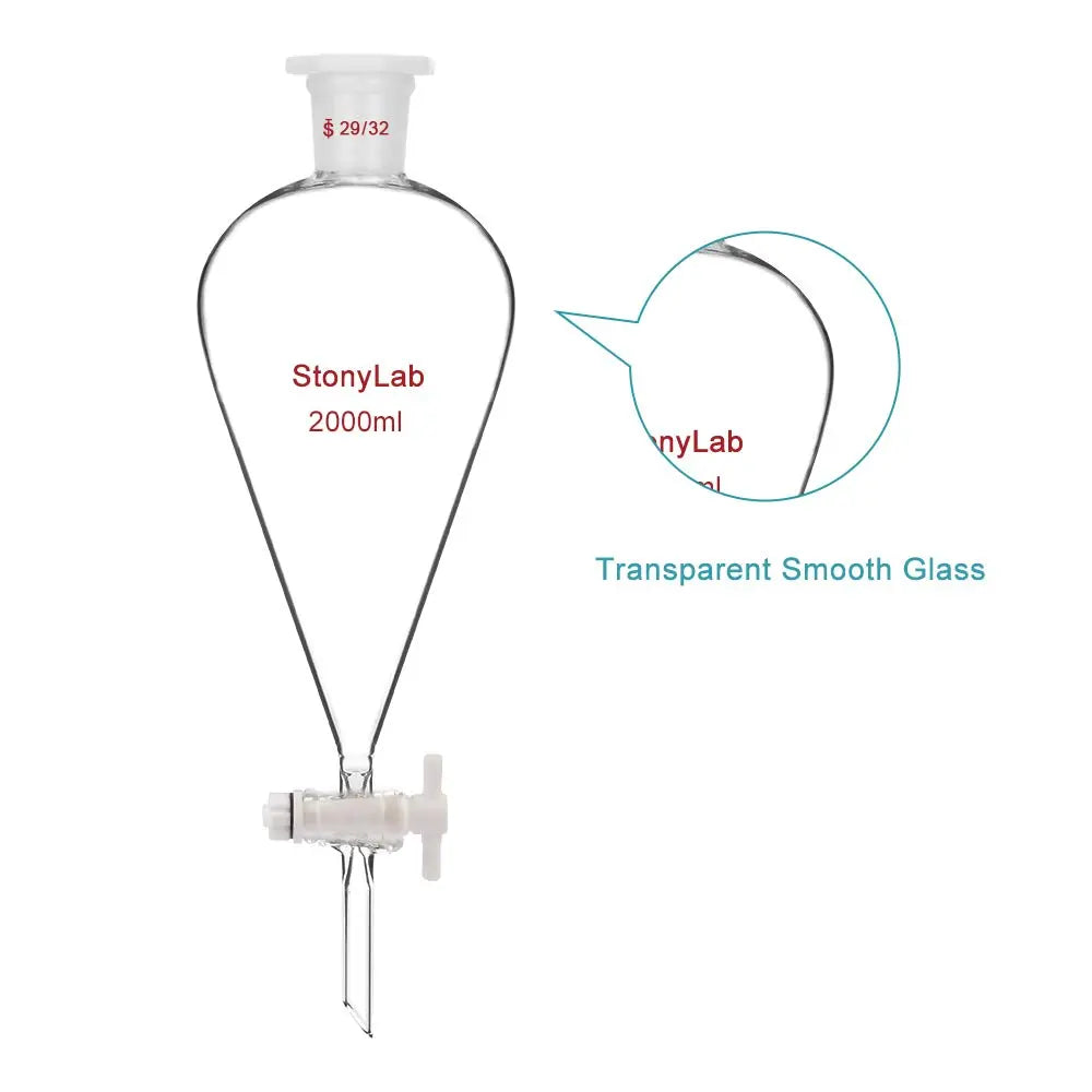 Comprehensive product view and setup components for StonyLab Conical Separatory Funnel with Plastic Stopper and PTFE Stopcock
