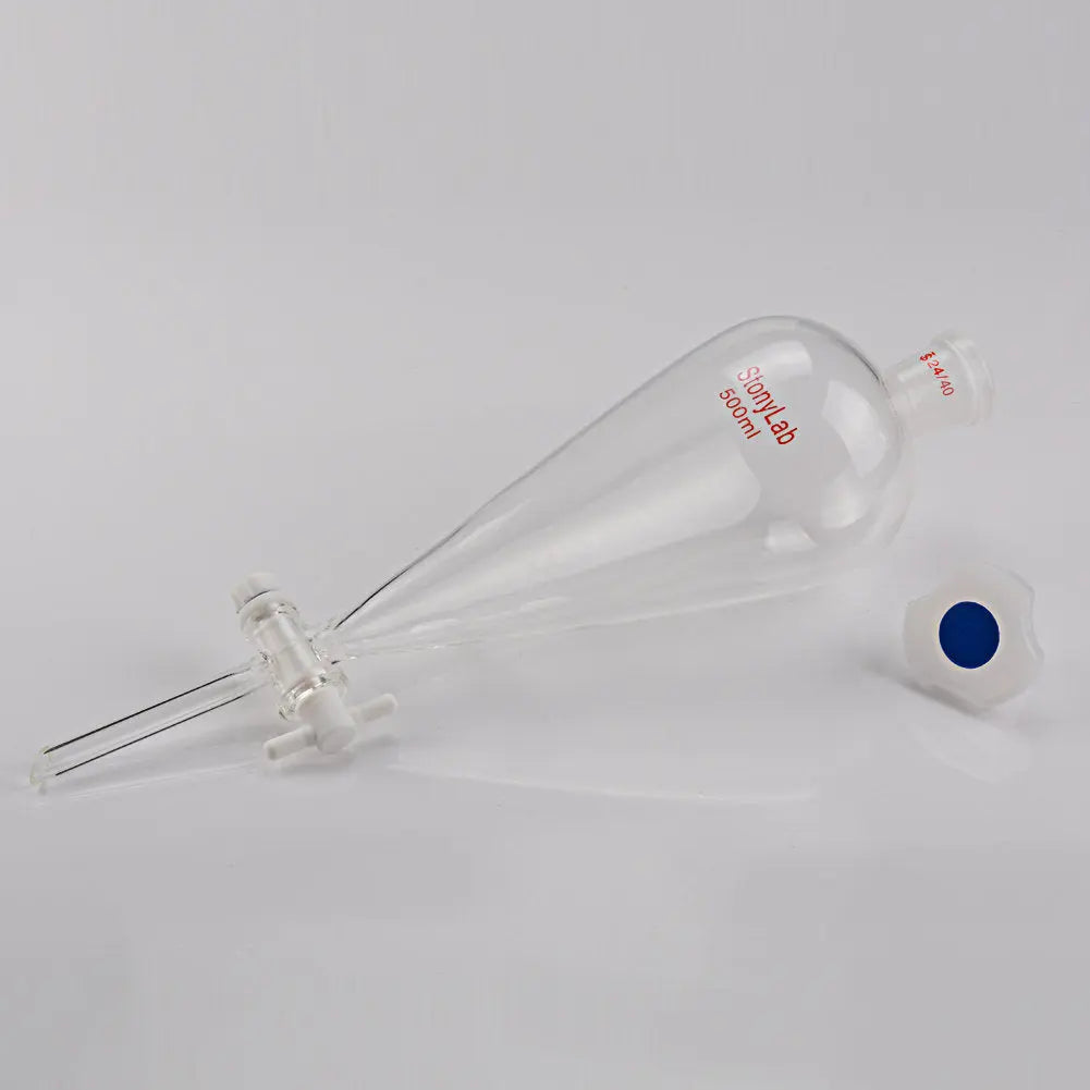 Comprehensive product view and setup components for StonyLab Conical Separatory Funnel with Plastic Stopper and PTFE Stopcock