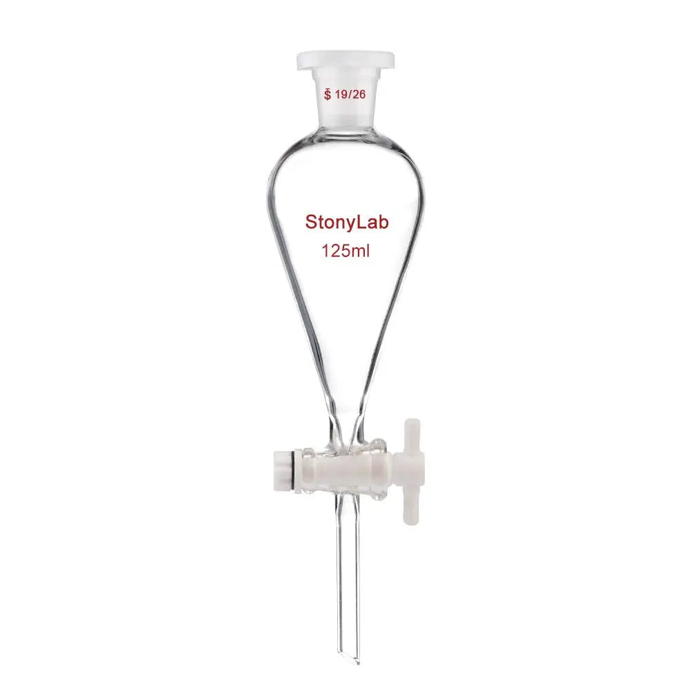 Comprehensive product view and setup components for StonyLab Conical Separatory Funnel with Plastic Stopper and PTFE Stopcock
