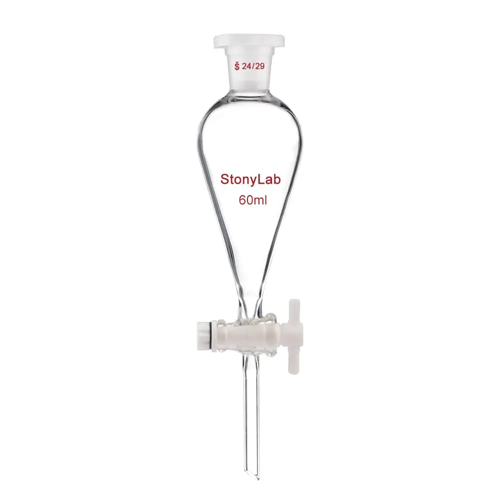 Comprehensive product view and setup components for StonyLab Conical Separatory Funnel with Plastic Stopper and PTFE Stopcock
