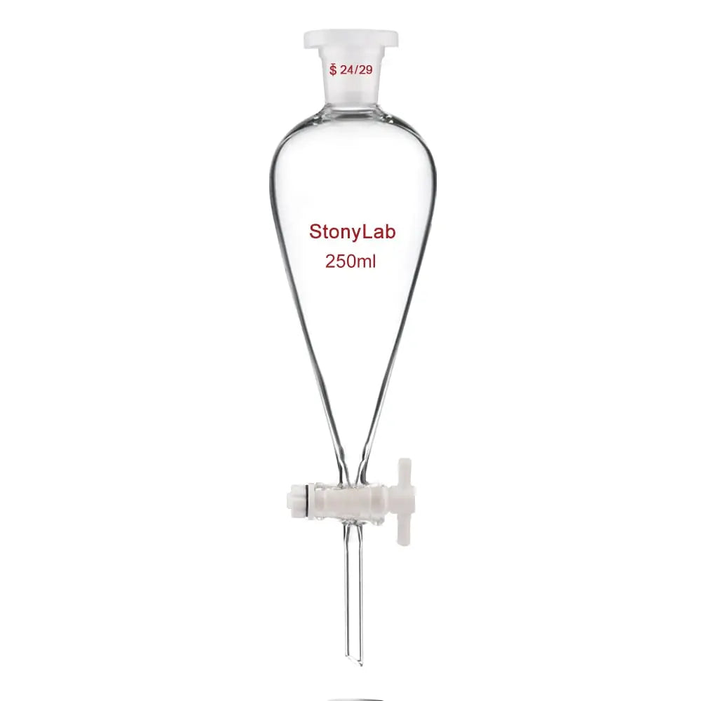 Comprehensive product view and setup components for StonyLab Conical Separatory Funnel with Plastic Stopper and PTFE Stopcock
