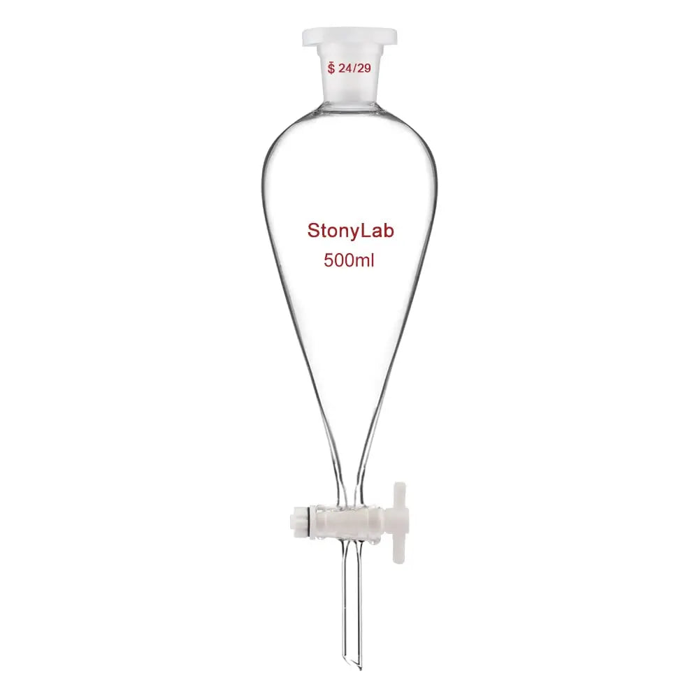 Comprehensive product view and setup components for StonyLab Conical Separatory Funnel with Plastic Stopper and PTFE Stopcock