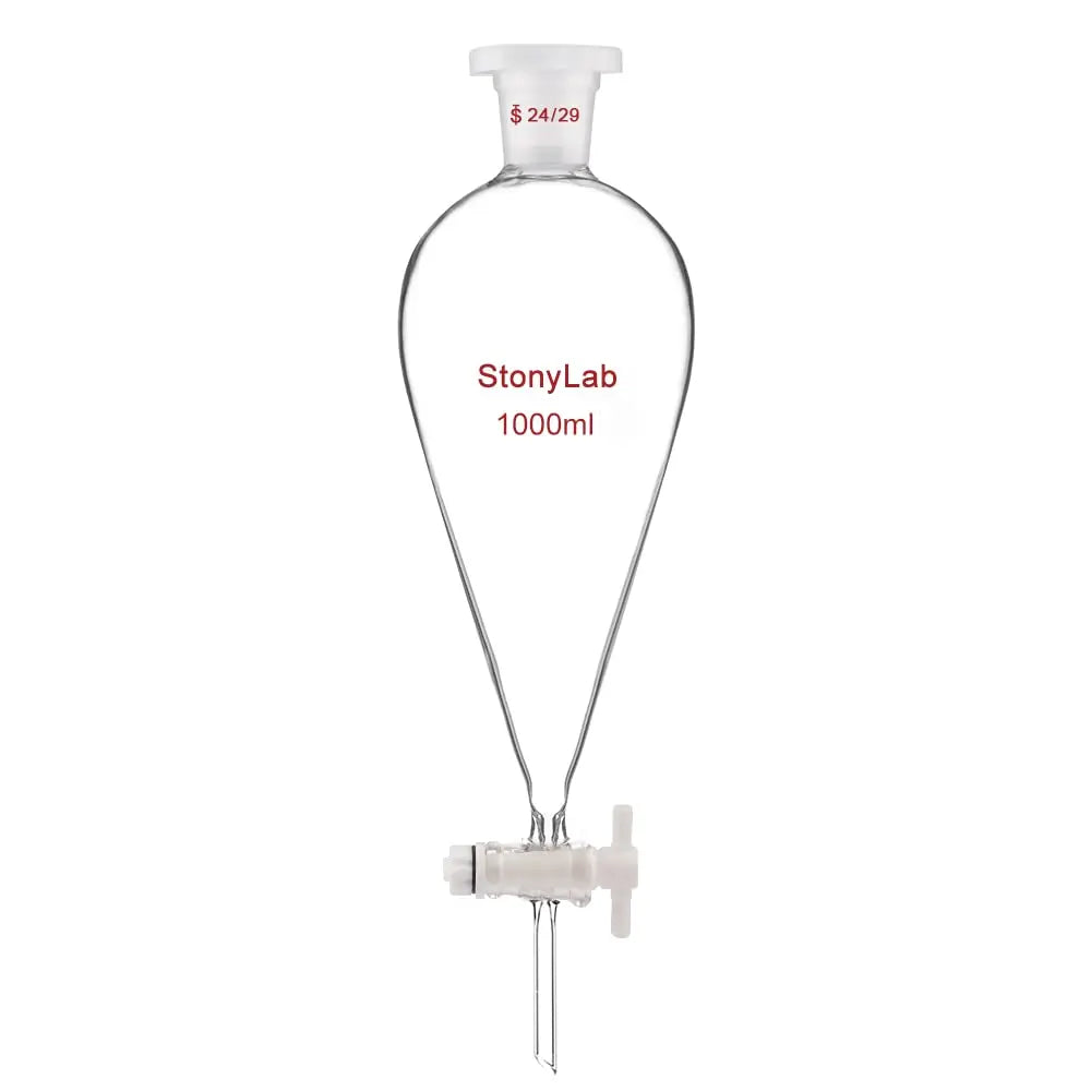 Comprehensive product view and setup components for StonyLab Conical Separatory Funnel with Plastic Stopper and PTFE Stopcock