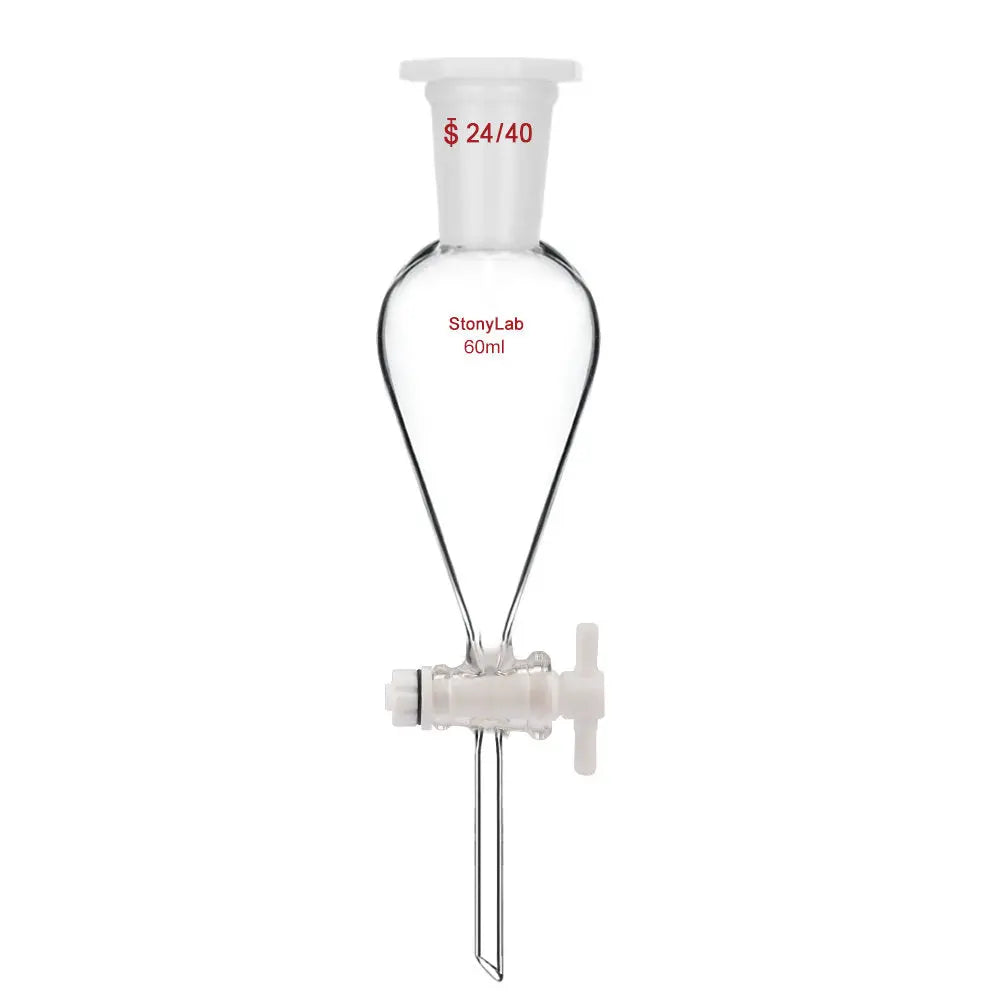 Comprehensive product view and setup components for StonyLab Conical Separatory Funnel with Plastic Stopper and PTFE Stopcock
