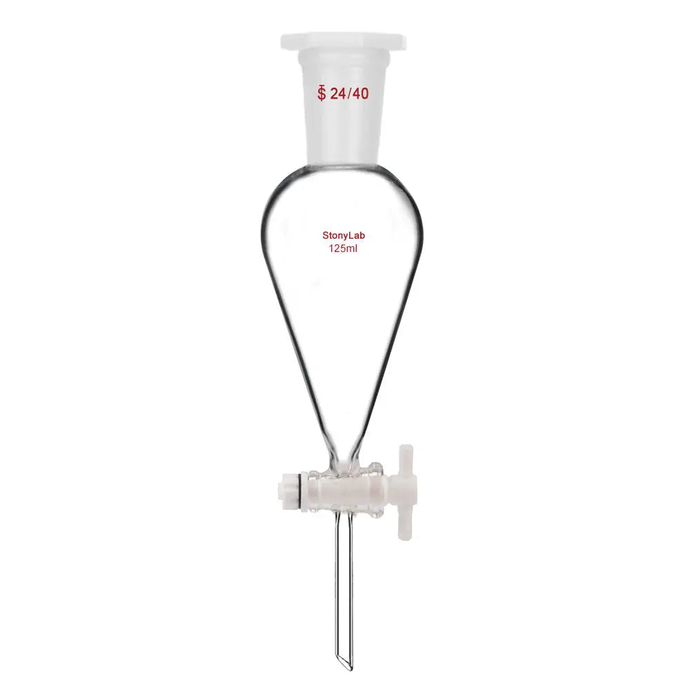 Comprehensive product view and setup components for StonyLab Conical Separatory Funnel with Plastic Stopper and PTFE Stopcock