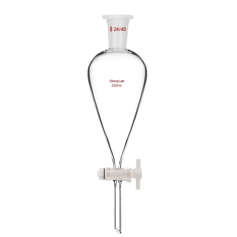 Comprehensive product view and setup components for StonyLab Conical Separatory Funnel with Plastic Stopper and PTFE Stopcock