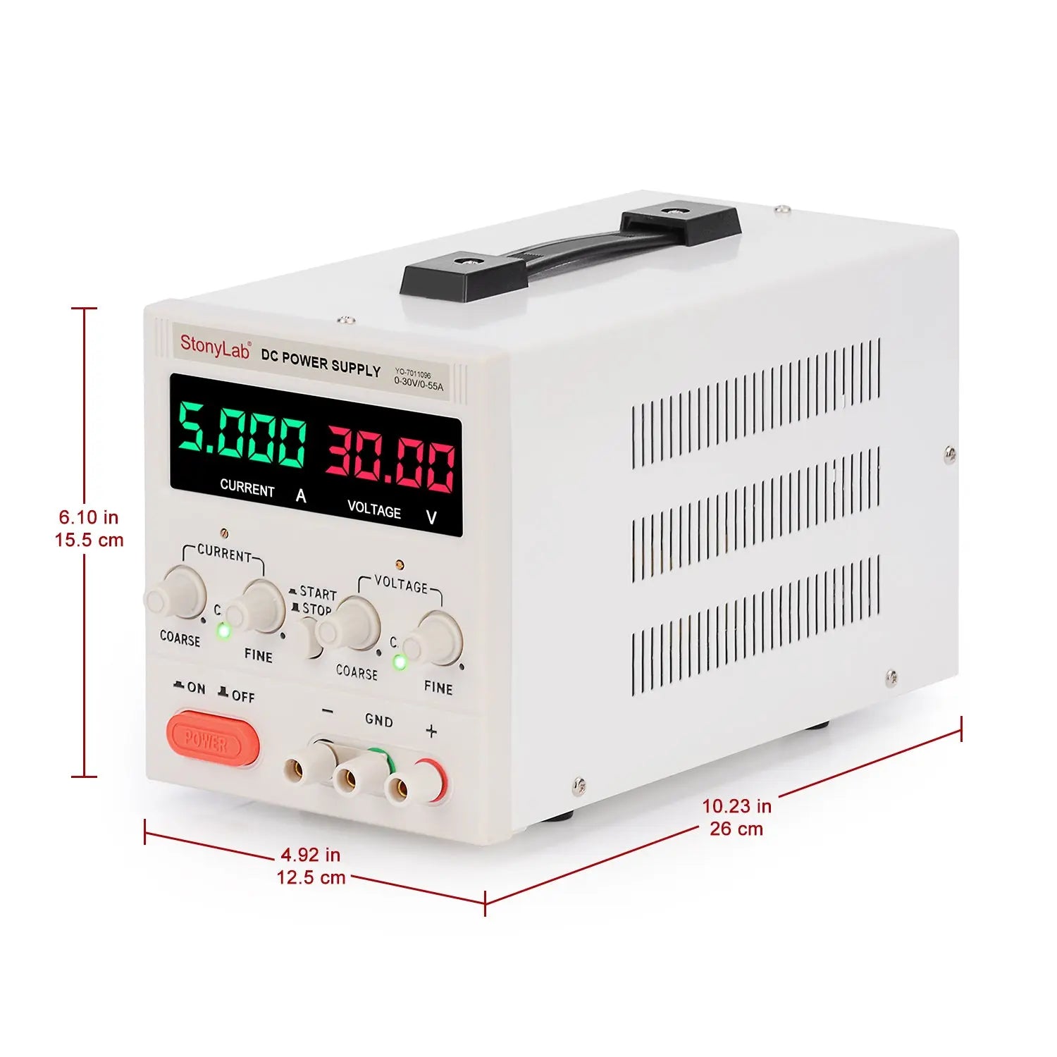 Side view and dimensional layout of the durable StonyLab DC Power Supply