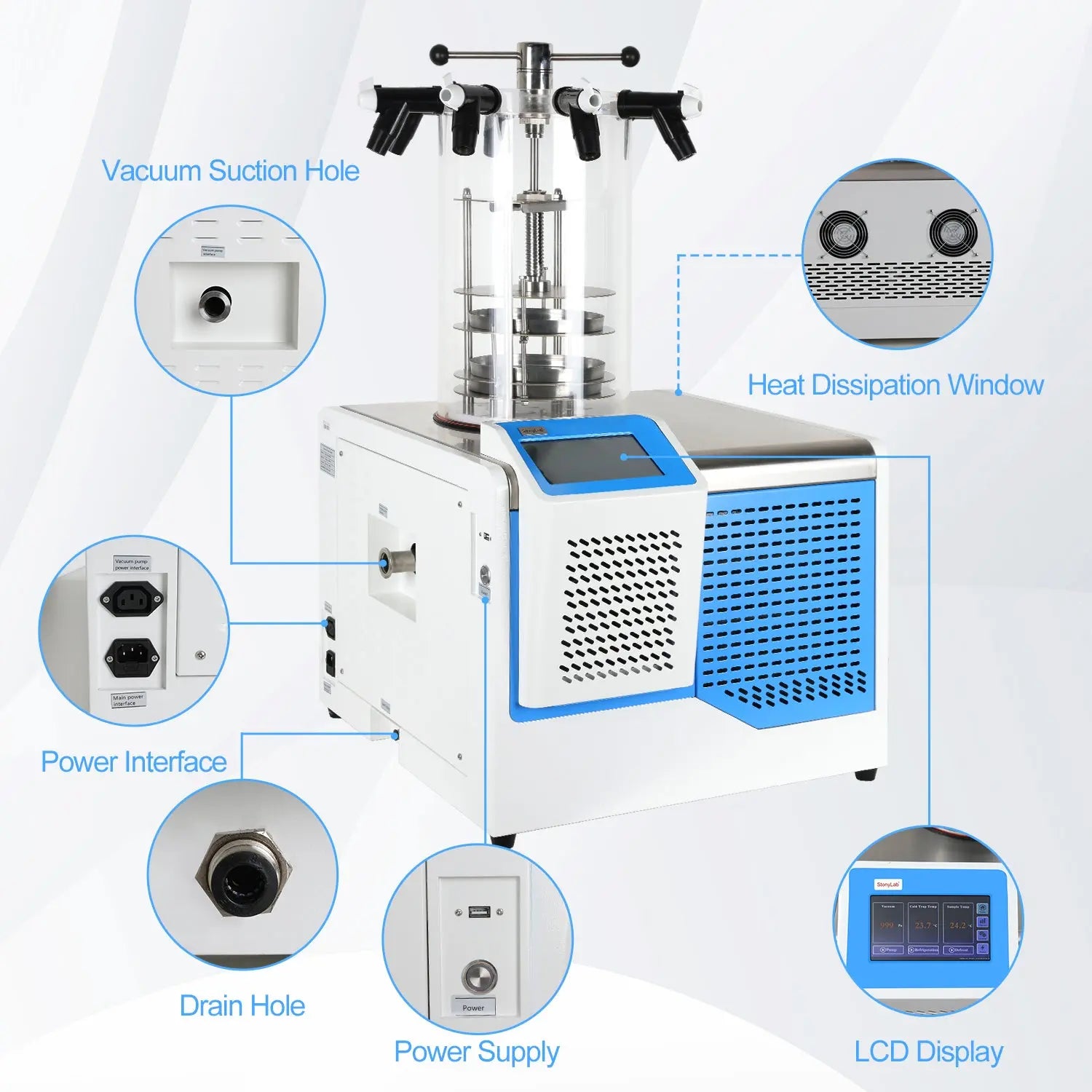 Comprehensive product view and setup components for StonyLab Benchtop Freeze Dryer with Vacuum Pump