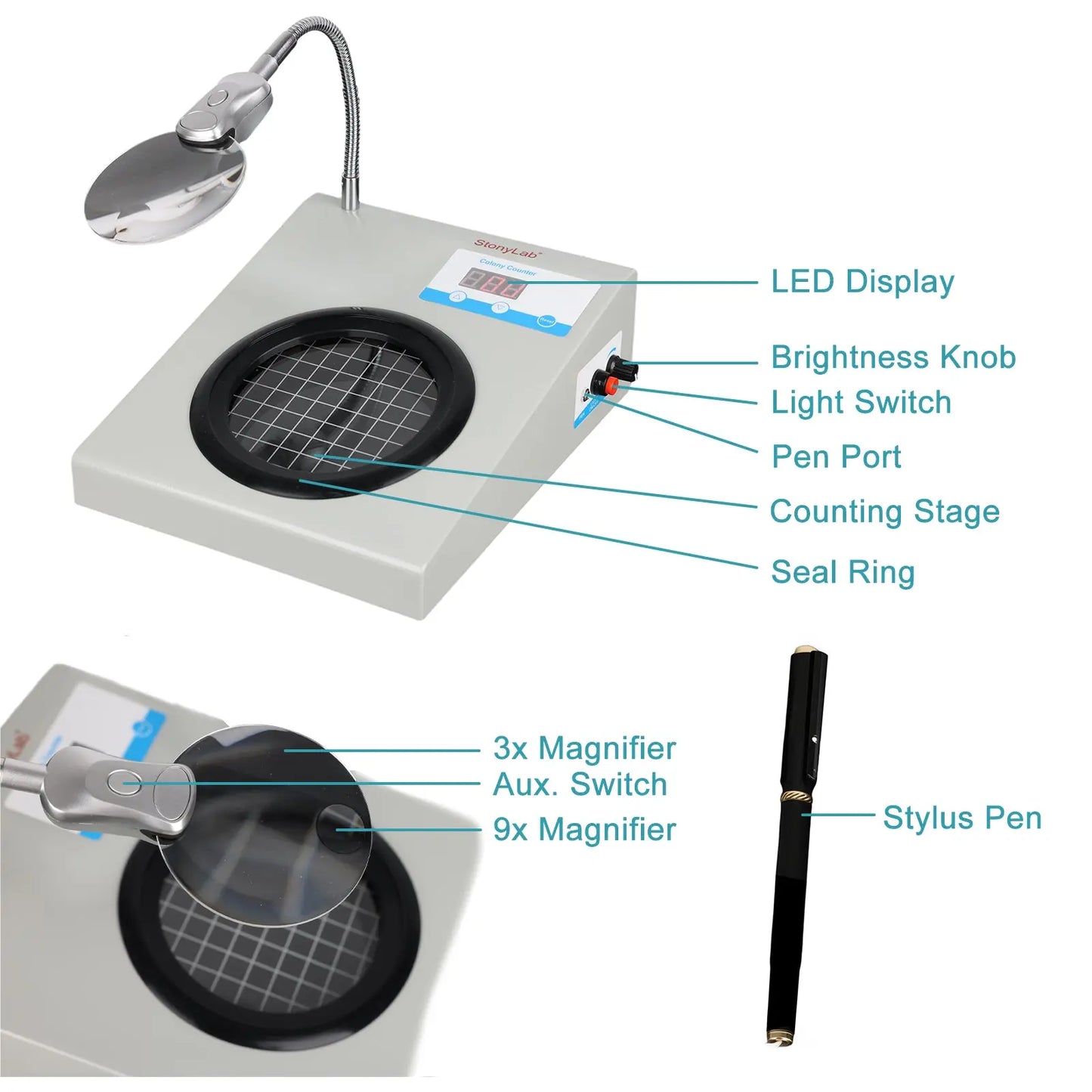 Digital Colony Counter, 0-999 Count Range, 3× / 9× Magnification, Manual Counting for Microbiology Labs