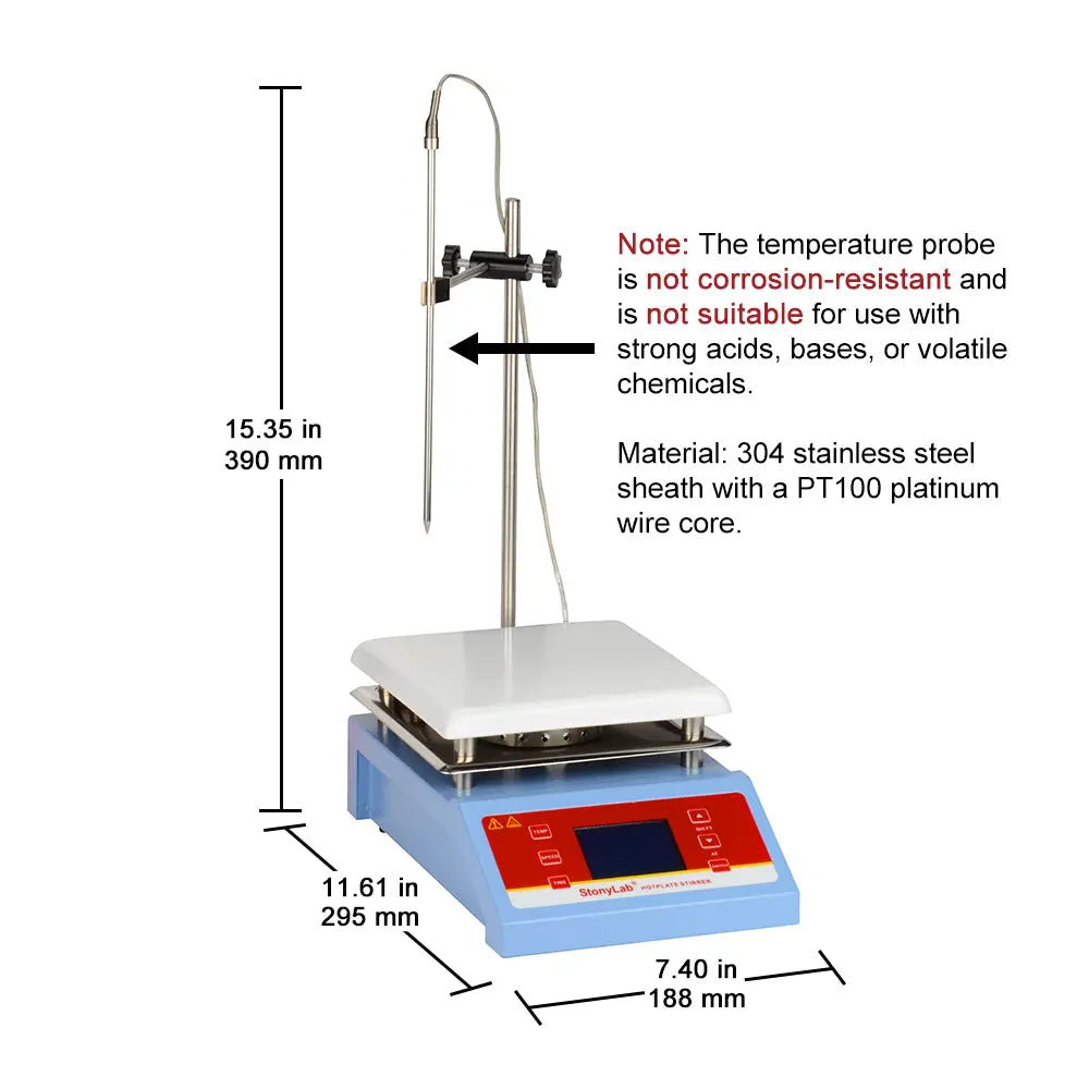 Side view and dimensional layout of the durable StonyLab Digital Heating Magnetic Stirrer with Temperature Sensor