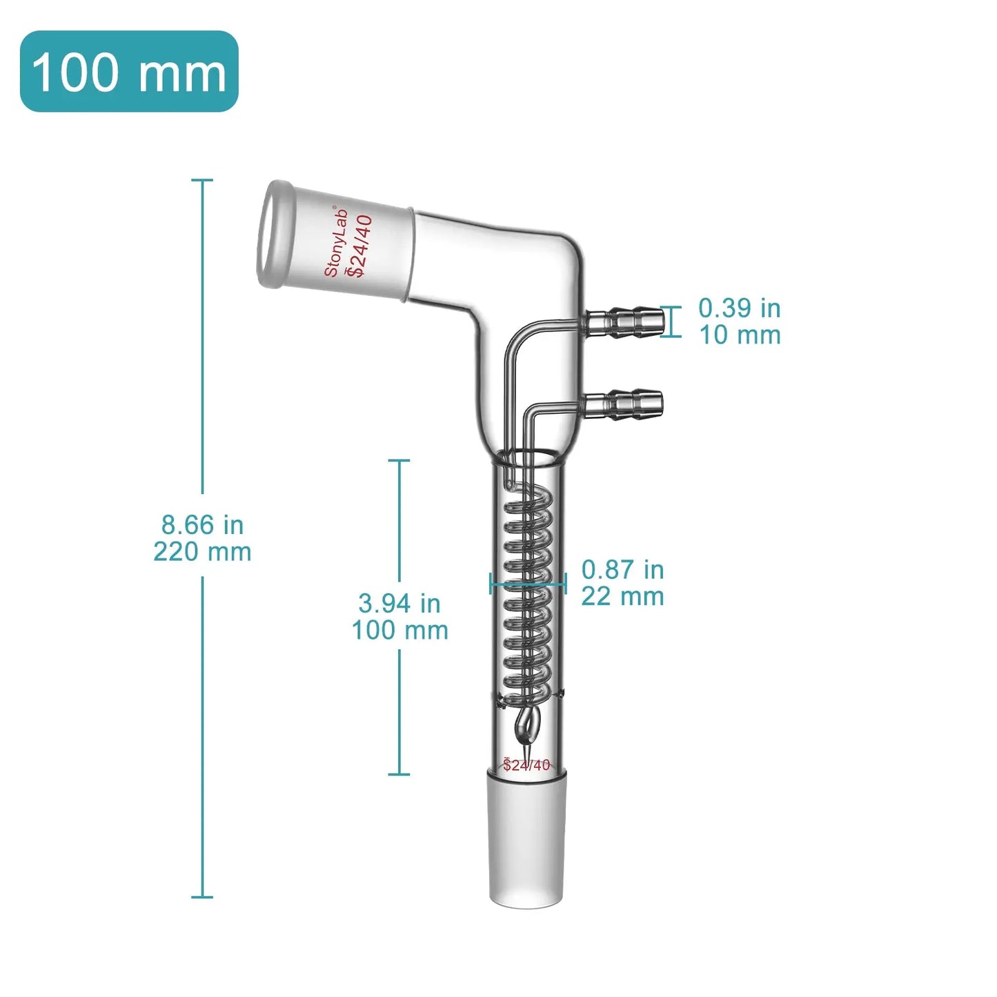 Dimroth Coil Reflux Condenser, 105° Bent, 24/40 Joint, 100 mm