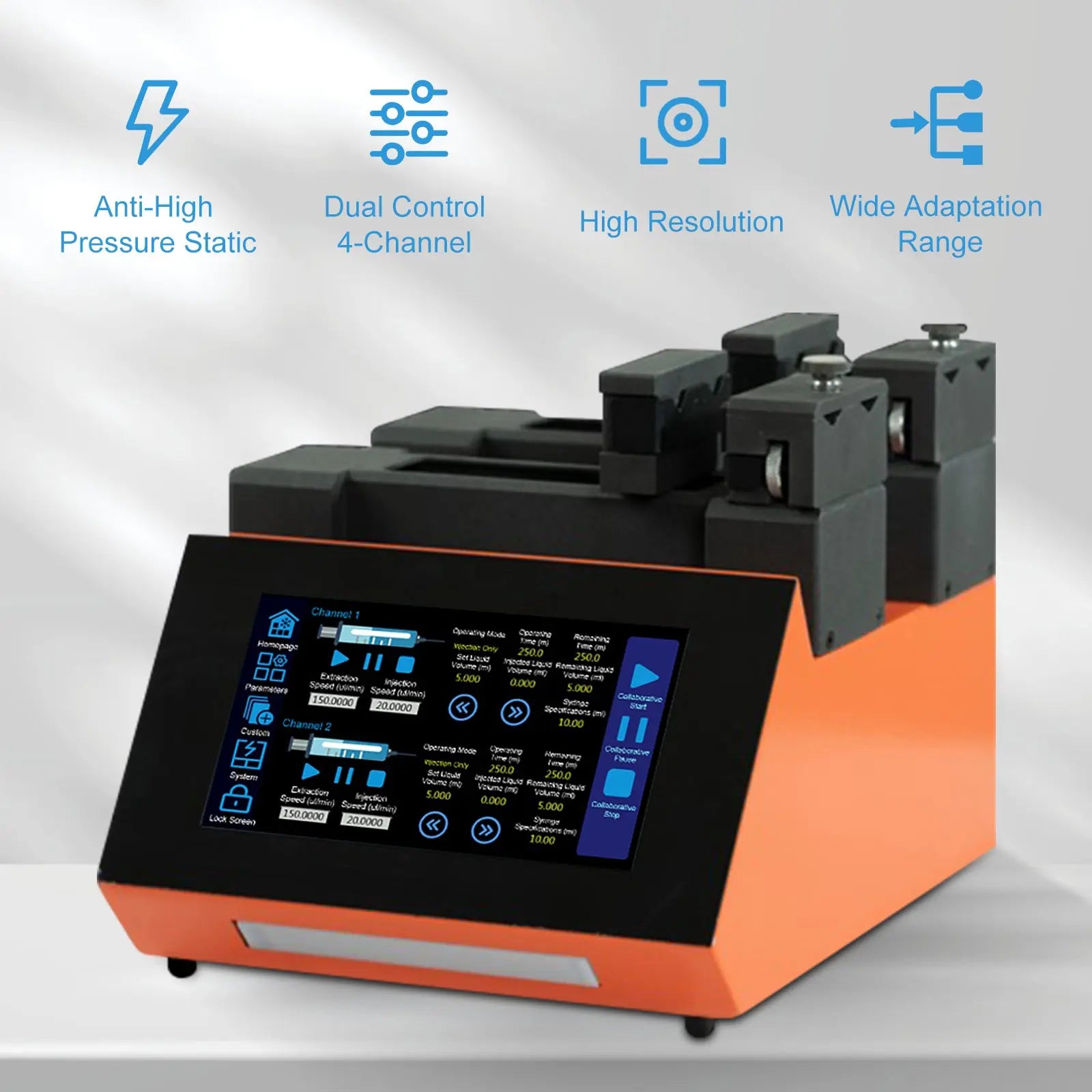 Side view and dimensional layout of the durable StonyLab Dual-Control Syringe Pump for 1-50 ml Syringes