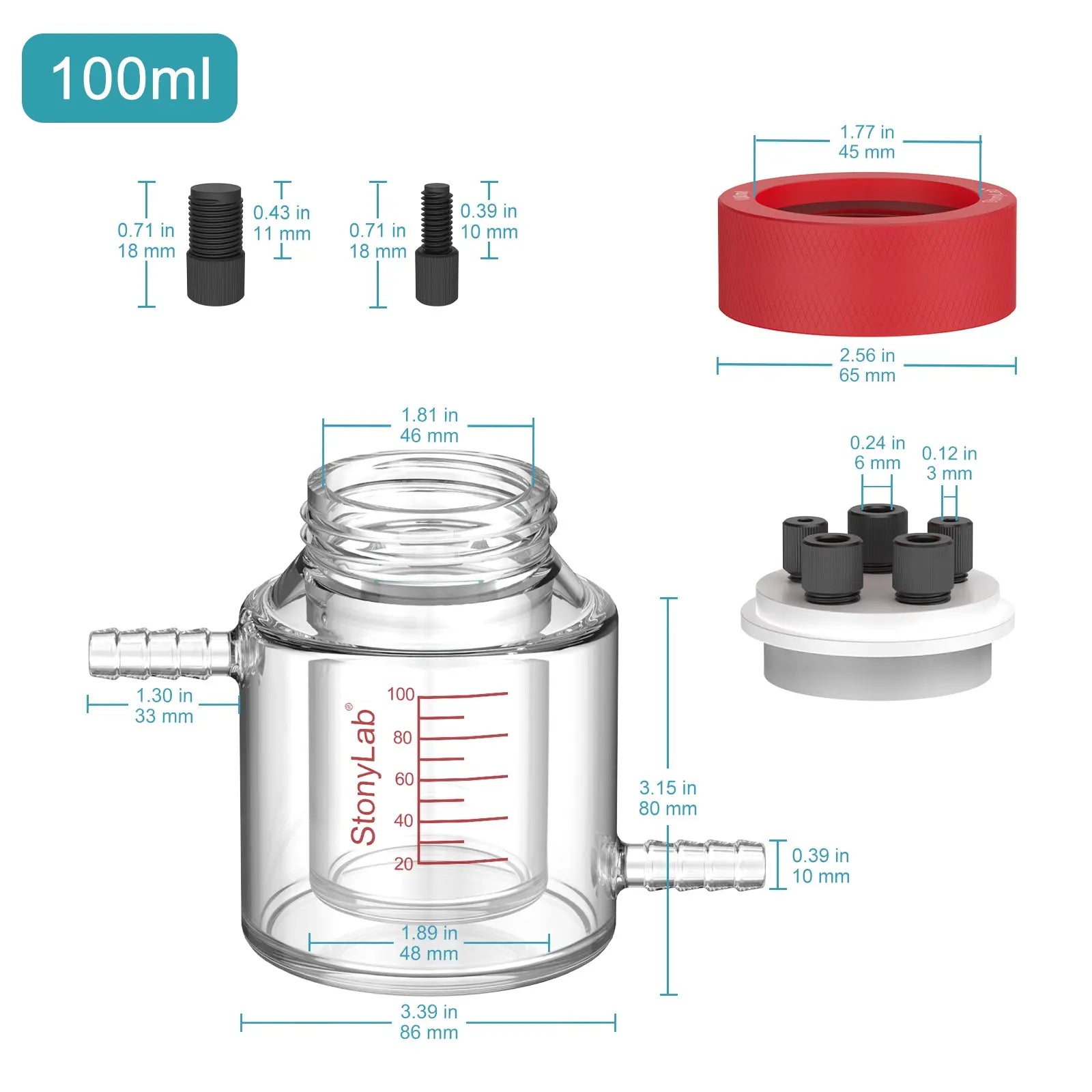 Side view and dimensional layout of the durable StonyLab Dual-Layer Water Bath Sealed Electrochemical Cell [50-100 ml]