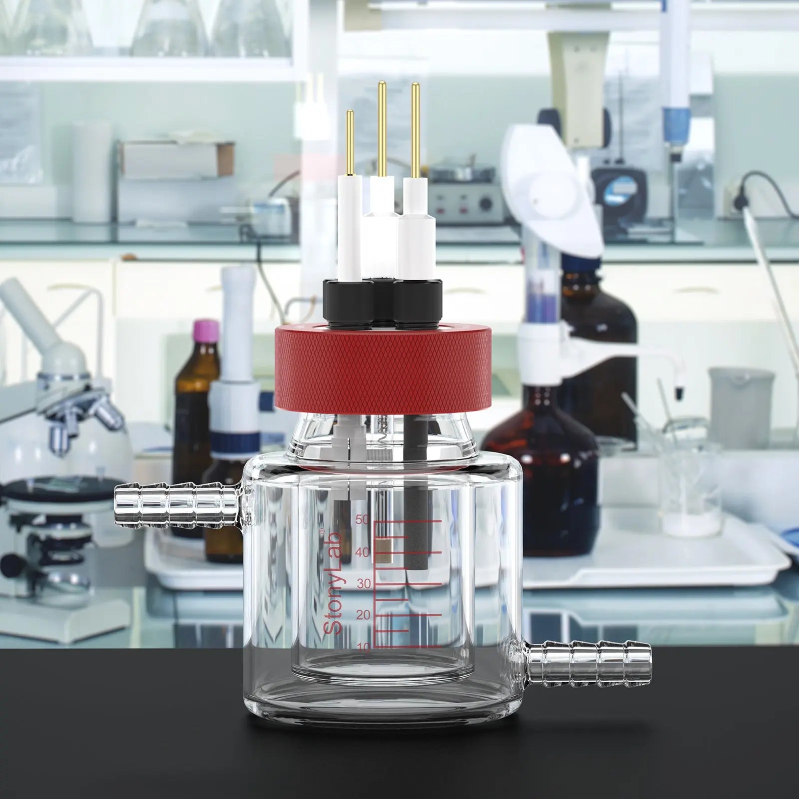 Internal heating chamber and shelving configuration of StonyLab Dual-Layer Water Bath Sealed Electrochemical Cell [50-100 ml]