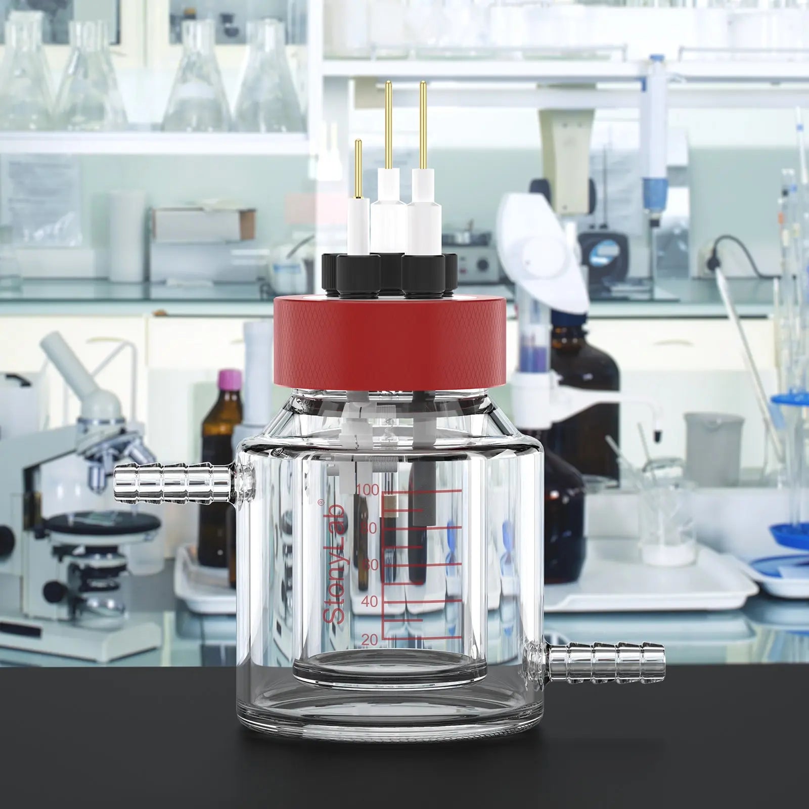 Comprehensive product view and setup components for StonyLab Dual-Layer Water Bath Sealed Electrochemical Cell [50-100 ml]