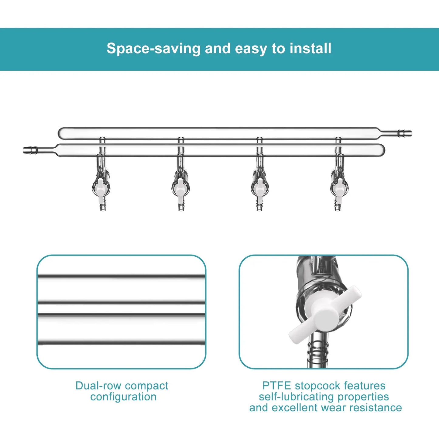 Dual-Manifold with PTFE Stopcocks, 4 Ports and 1 Hose Connection Per Bank Double Vacuum Manifold