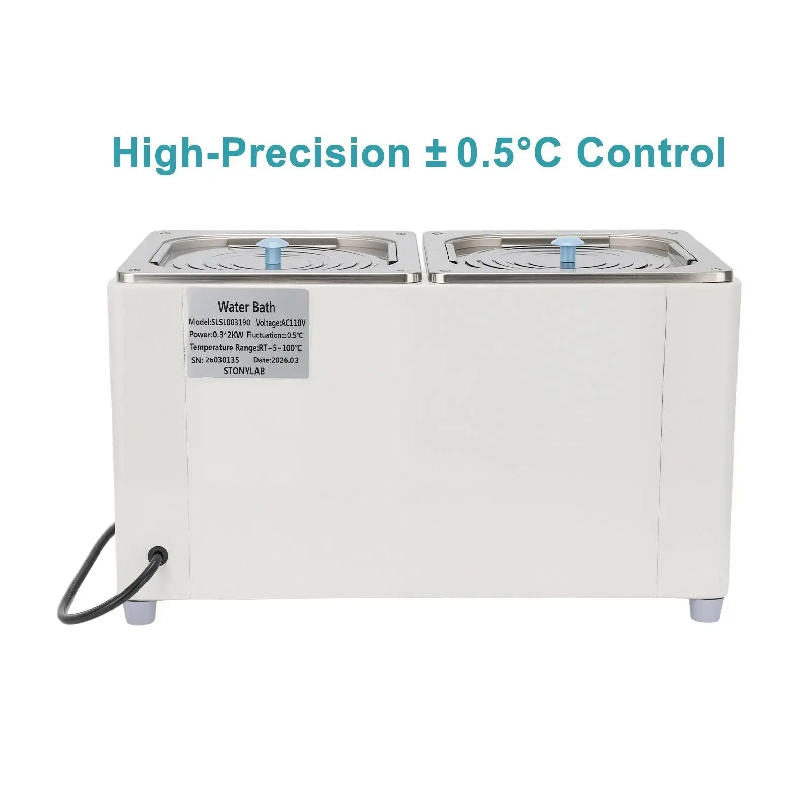 Side view and dimensional layout of the durable StonyLab Dual-Position Magnetic Stirring Water Bath