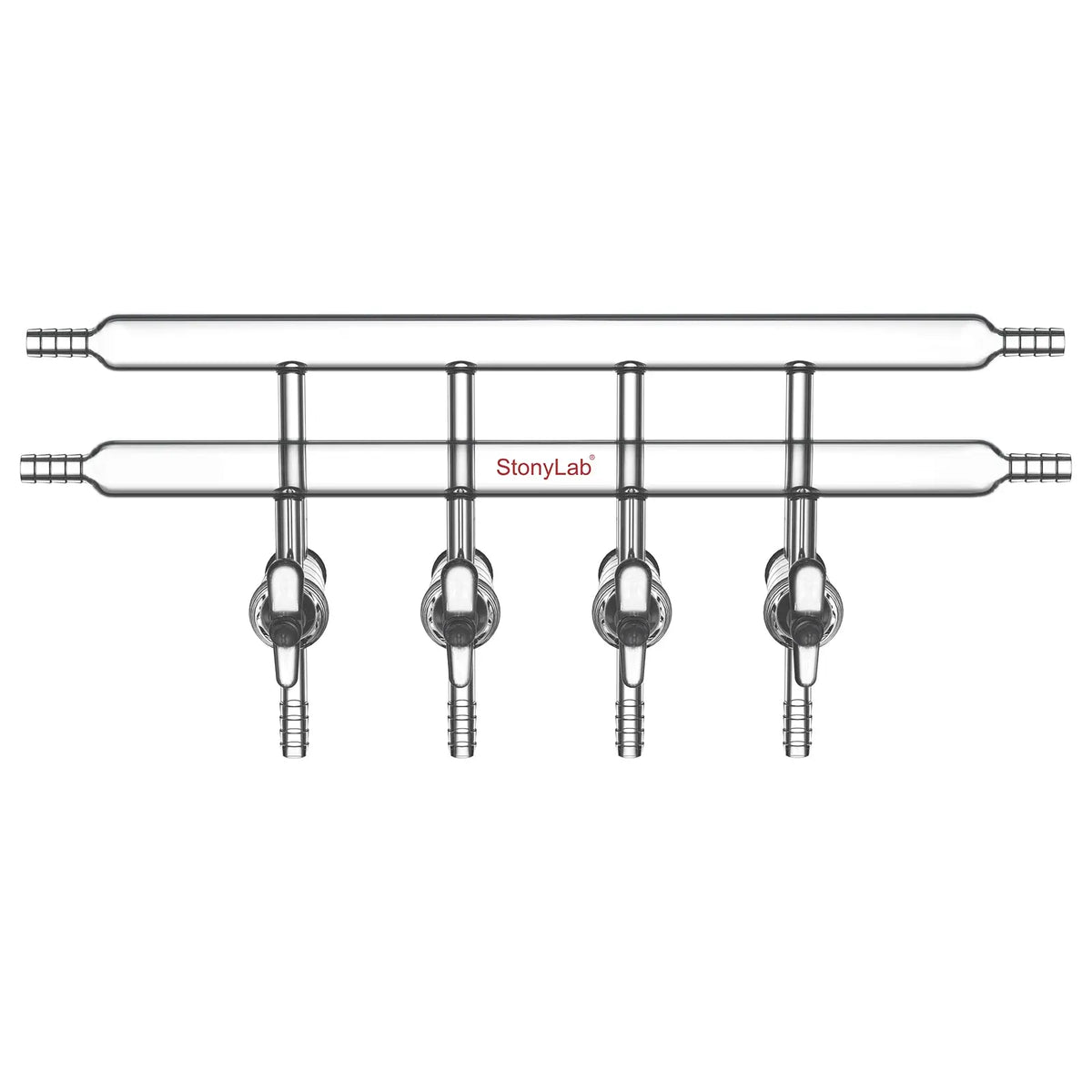 Dual vacuum manifold with 4 glass stopcocks and 2 hose connections per bank for laboratory vacuum control StonyLab