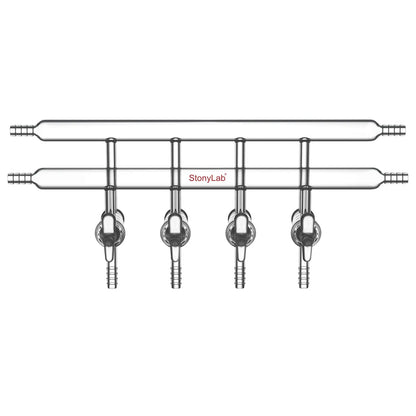 Dual vacuum manifold with 4 glass stopcocks and 2 hose connections per bank for laboratory vacuum control StonyLab