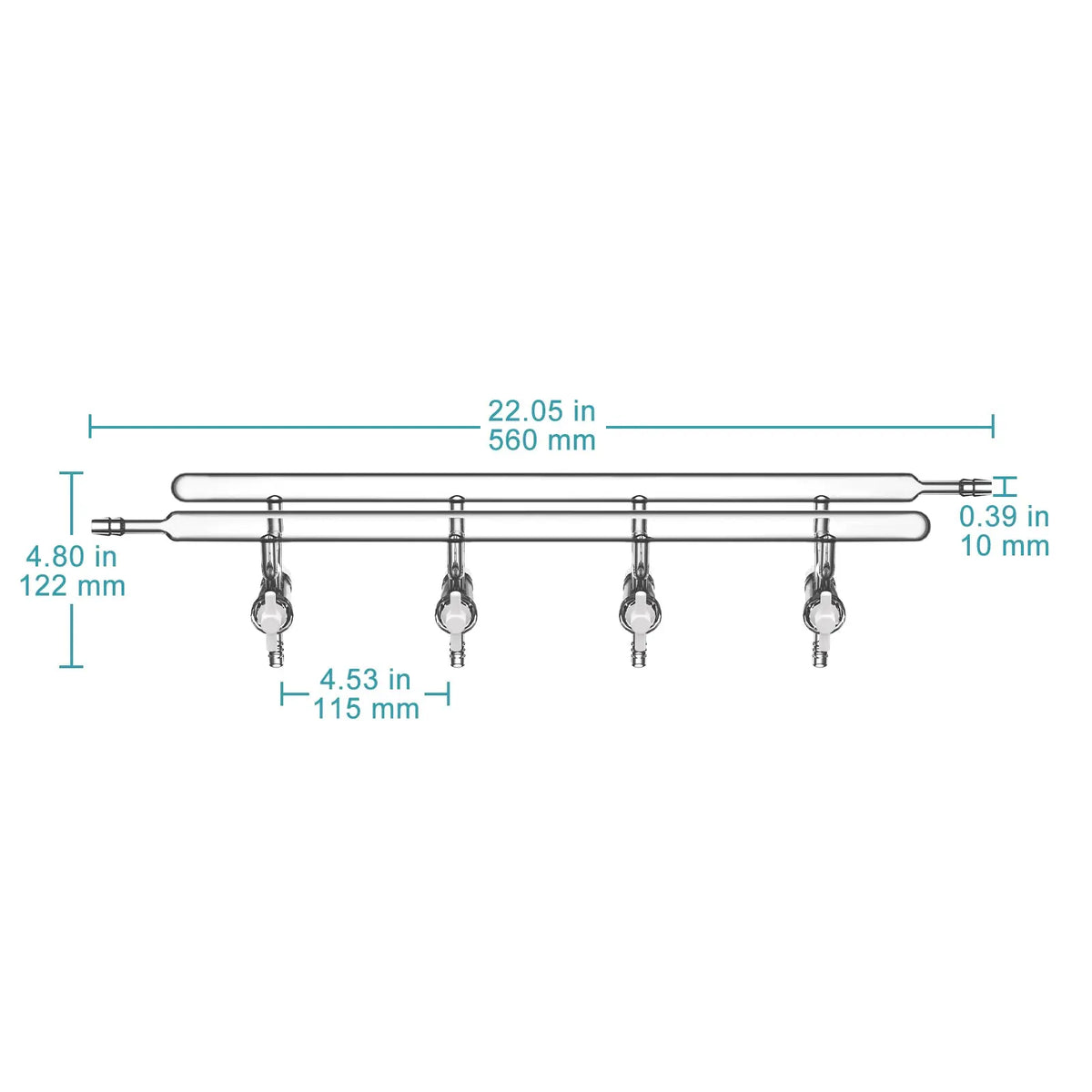Dual vacuum manifold with 4 PTFE stopcocks and 1 hose connection per bank for laboratory vacuum distribution StonyLab