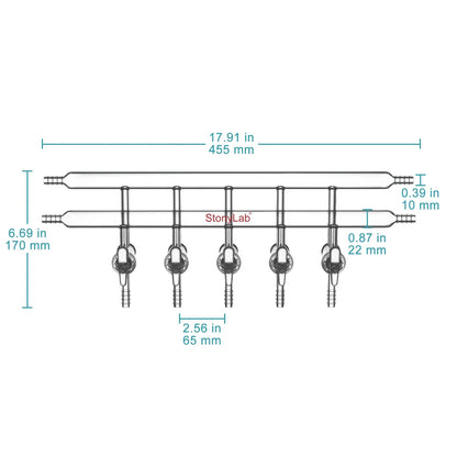 Dual vacuum manifold with 5 glass stopcocks and 2 hose connections per bank for laboratory vacuum control StonyLab