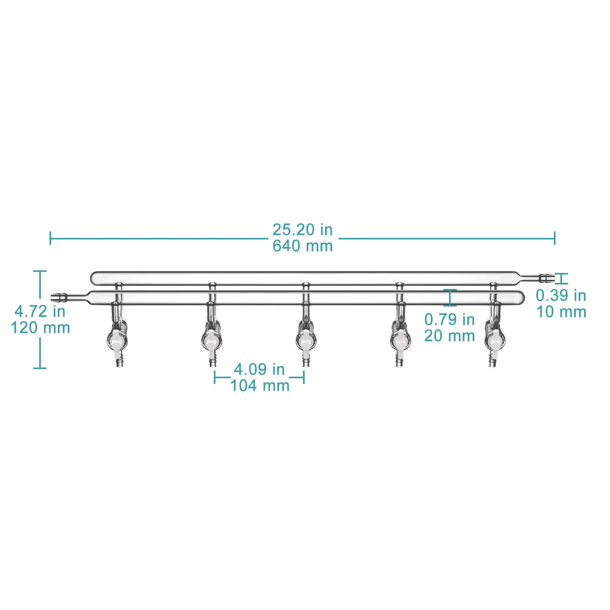 Dual vacuum manifold with 5 PTFE stopcocks and 1 hose connection per bank for laboratory vacuum distribution StonyLab