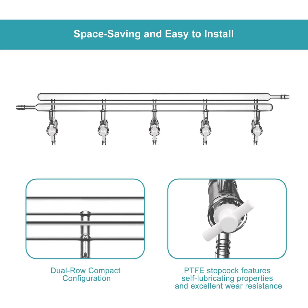 Dual vacuum manifold with 5 PTFE stopcocks and 1 hose connection per bank for laboratory vacuum distribution StonyLab