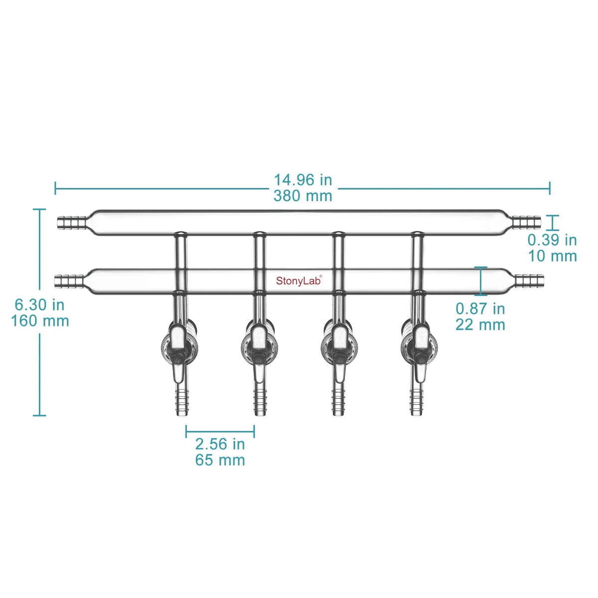 Dual vacuum manifold with 4 glass stopcocks and 2 hose connections per bank for laboratory vacuum control StonyLab